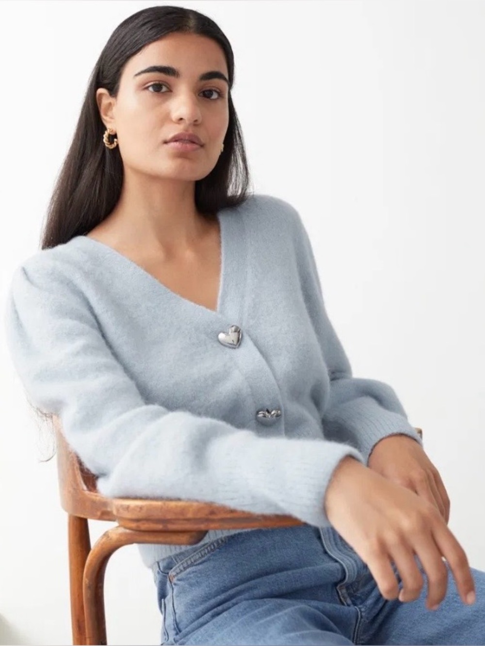 & Other Stories Blue Silver Heart Button Wool Alpaca Cardigan Coquette Romantic